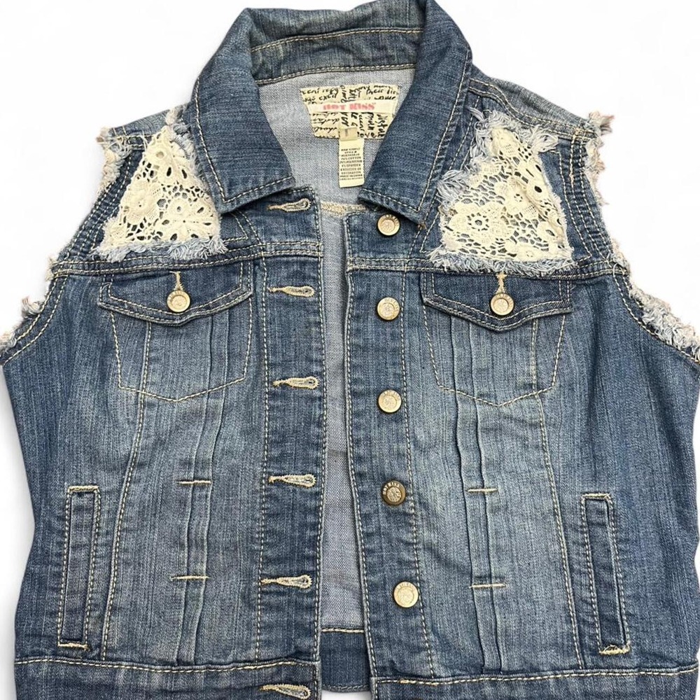 Hot Kiss denim vest with lace details and frayed hem